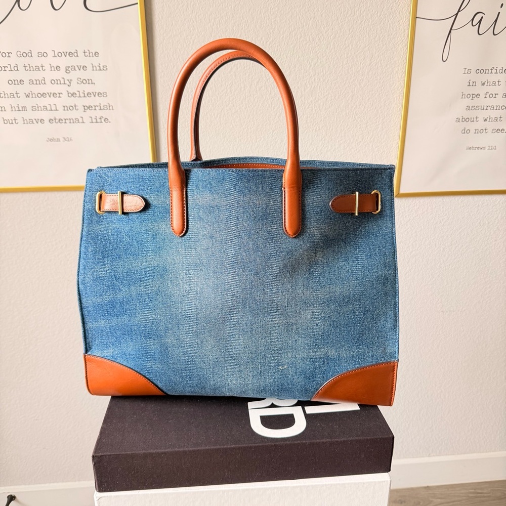 Ralph Lauren Women Devyn Denim with Leather Trim Extra-Large Tote Bag - Picture 3 of 16